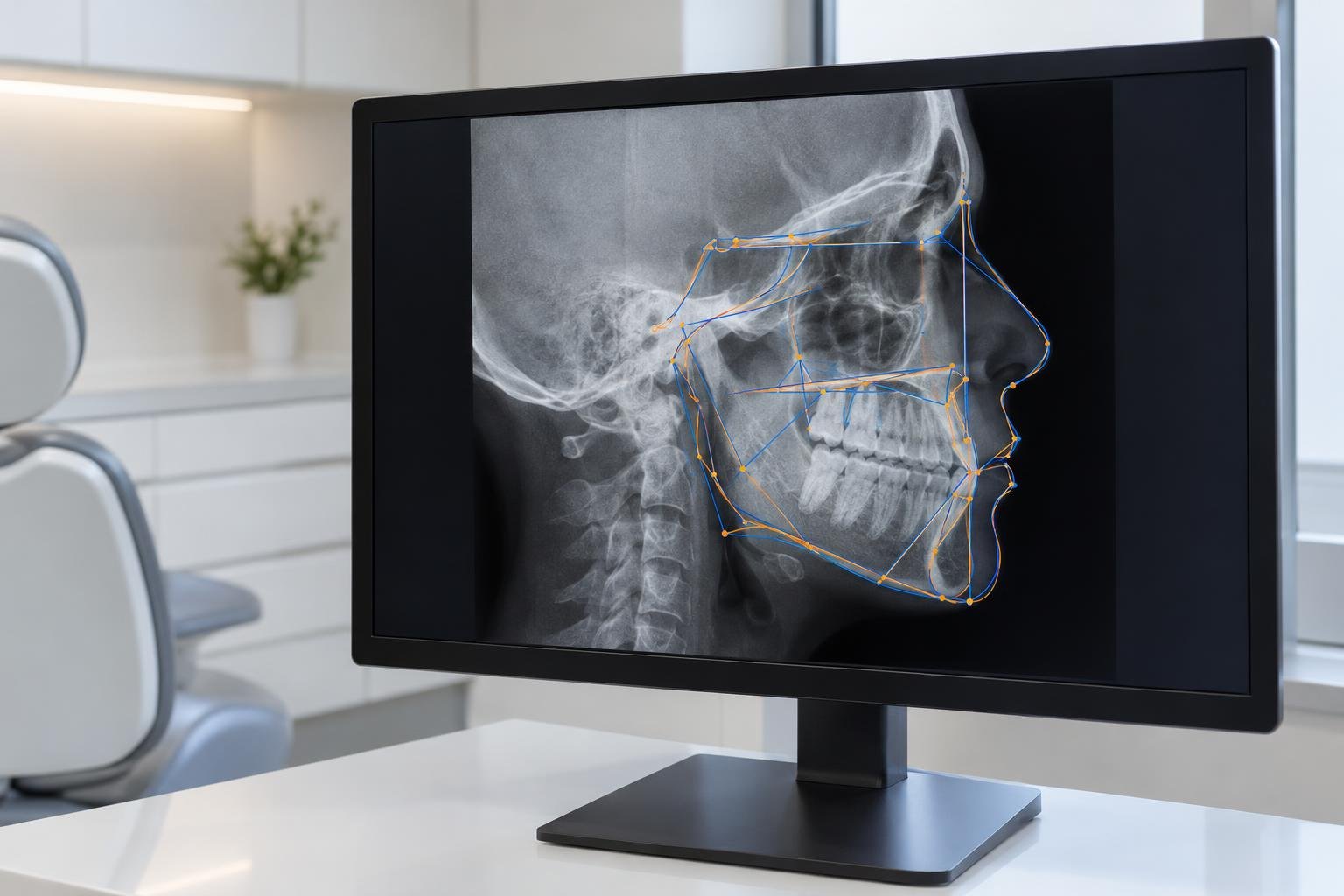 Telerradiografia lateral com traçado cefalométrico em um monitor de consultório
