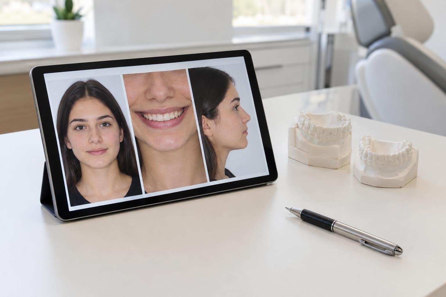 Tablet com fotos de documentação ortodôntica de frente, sorriso e perfil ao lado de modelos dentários